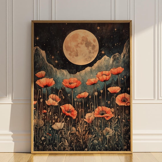 Poppy Flowers Wall Art Celestial Artdeco Poppies Moon Wildflower Floral Vintage Painting Home Decor Gift Poster