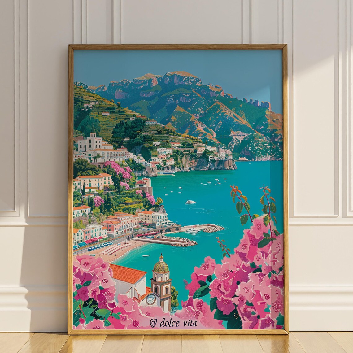 Dolce Vita Amalfi Coast Italy Travel Poster Pink Bougainvillea
