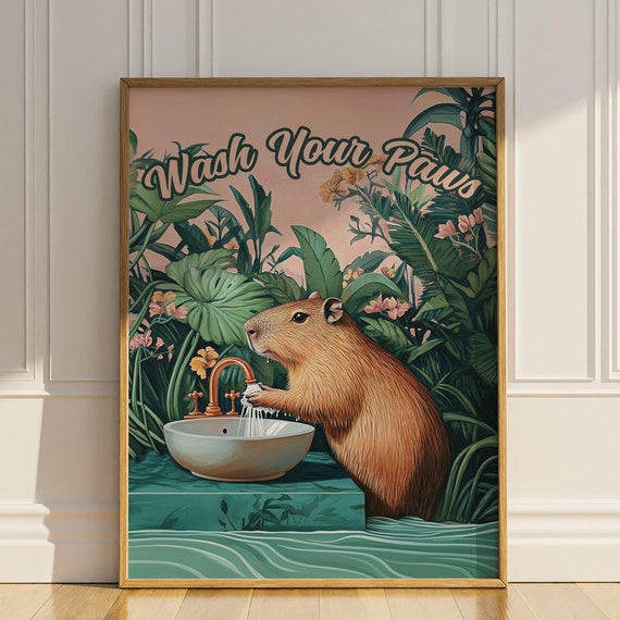 Wash Your Paws Capybara Bathroom Poster Print Funny Wall Decor Vintage Houseplants Botanical Restroom Toilet Wall Art Sign Matte Poster