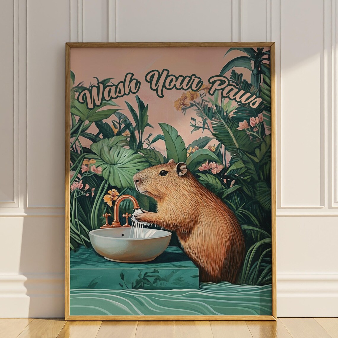 Wash Your Paws Capybara Washing Paws Funny Botanical Bathroom Print