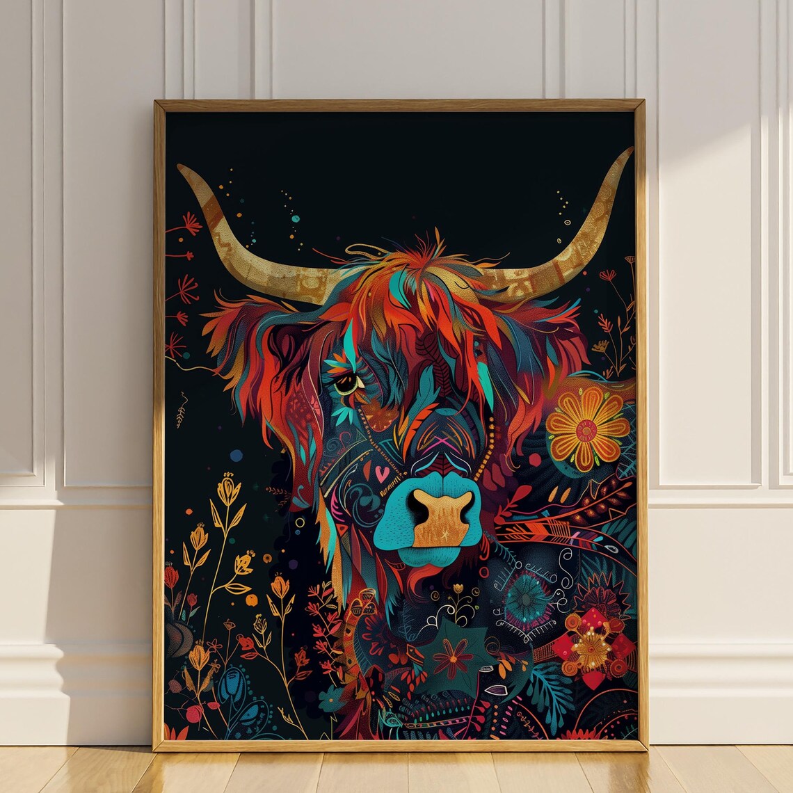 Colorful Highland Cow Folk Art Floral Portrait Black Night Poster