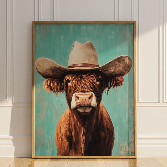 Highland Cow Wearing Cowboy Hat Wall Art Funny Cute Western Boho Farm House Nursery Wall Decor Gift Poster