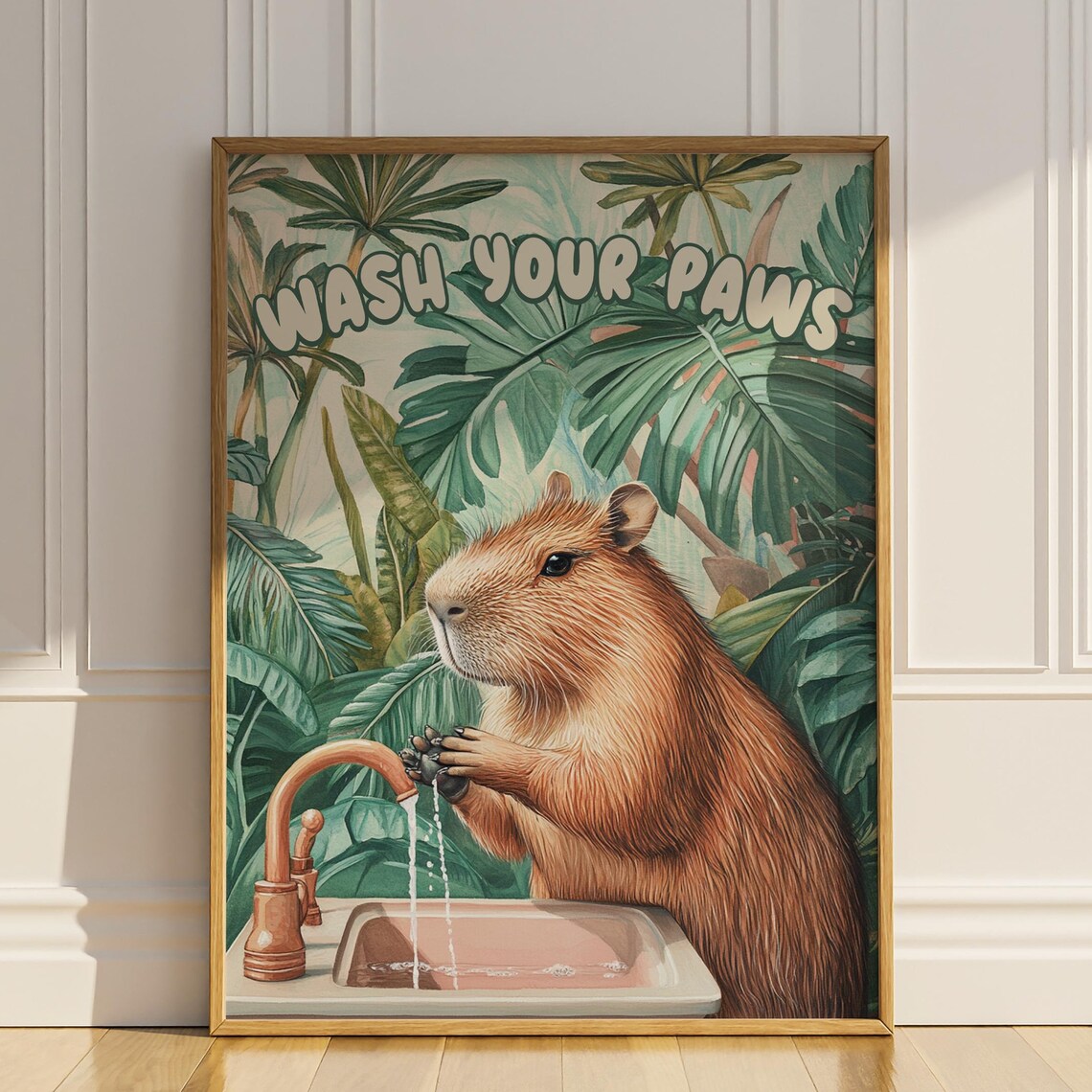 Wash Your Paws Capybara Copper Faucet Funny Jungle Bathroom Poster