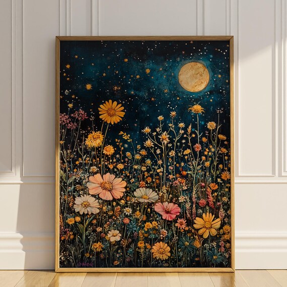 Celestial Wild Flower Poster Print, Boho Moon Art
