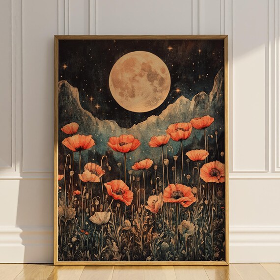 Red Poppies Under Full Moon Starry Night Mountain Meadow Poster