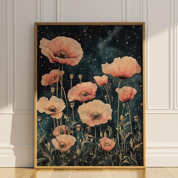 Pale Pink Poppies Under Starry Night Sky Dark Floral Art Poster