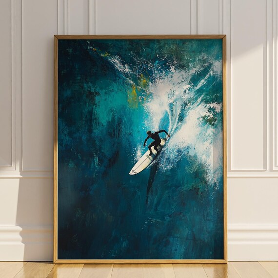 Surfer Riding Big Ocean Wave Teal Surf Art Painterly Beach Coastal Poster