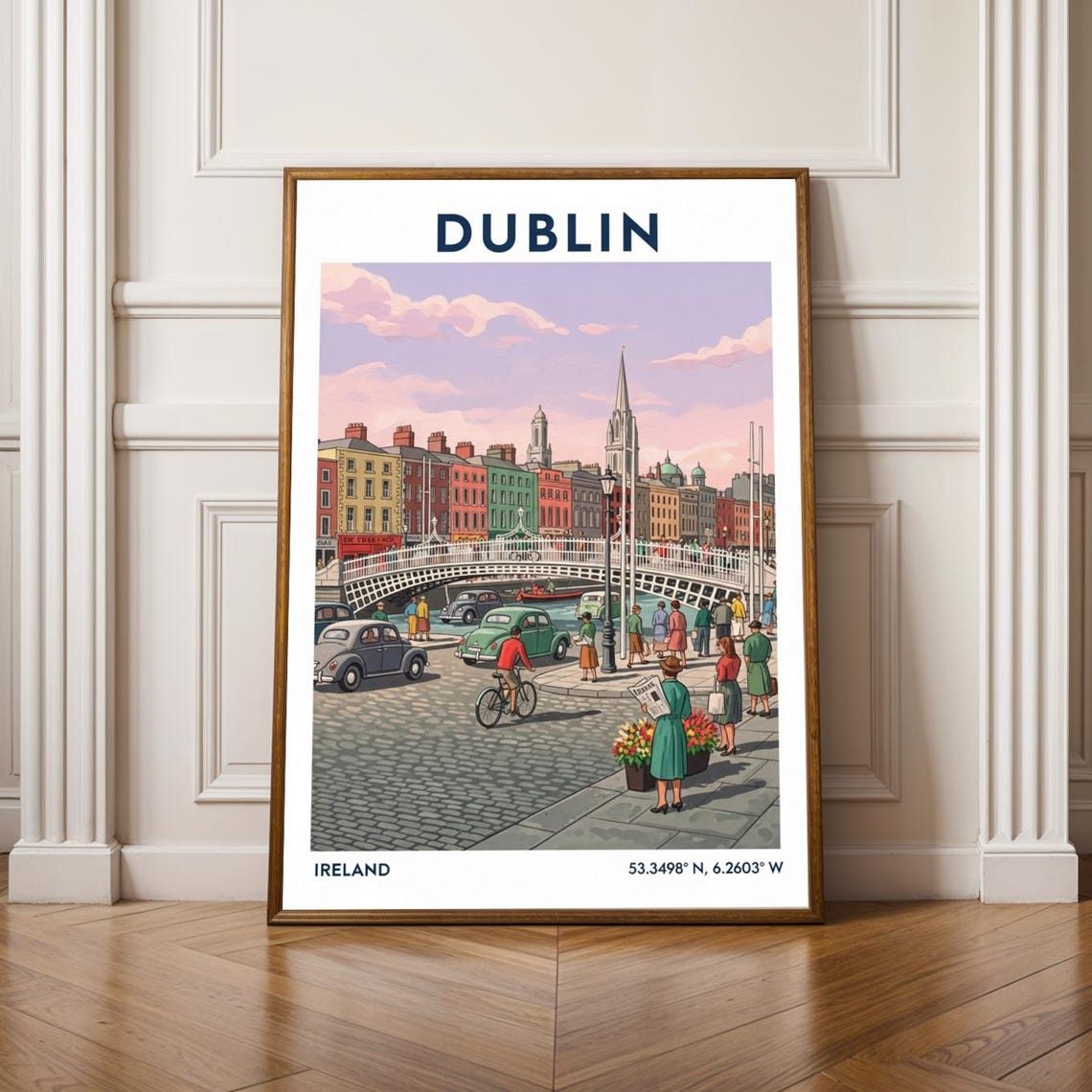 Dublin Ireland Vintage Travel Poster Ha Penny Bridge Street Scene