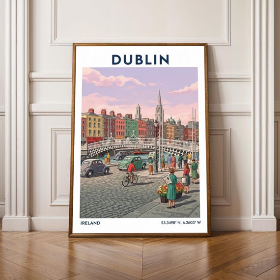 Dublin Ireland Travel Poster Irish Vintage Hapenny Bridge Wall Art Decor