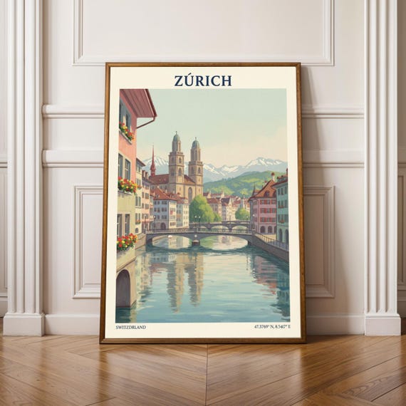 Zrich Limmat River Poster Swiss Cityscape Illustration European Travel Wall Art Print Decor