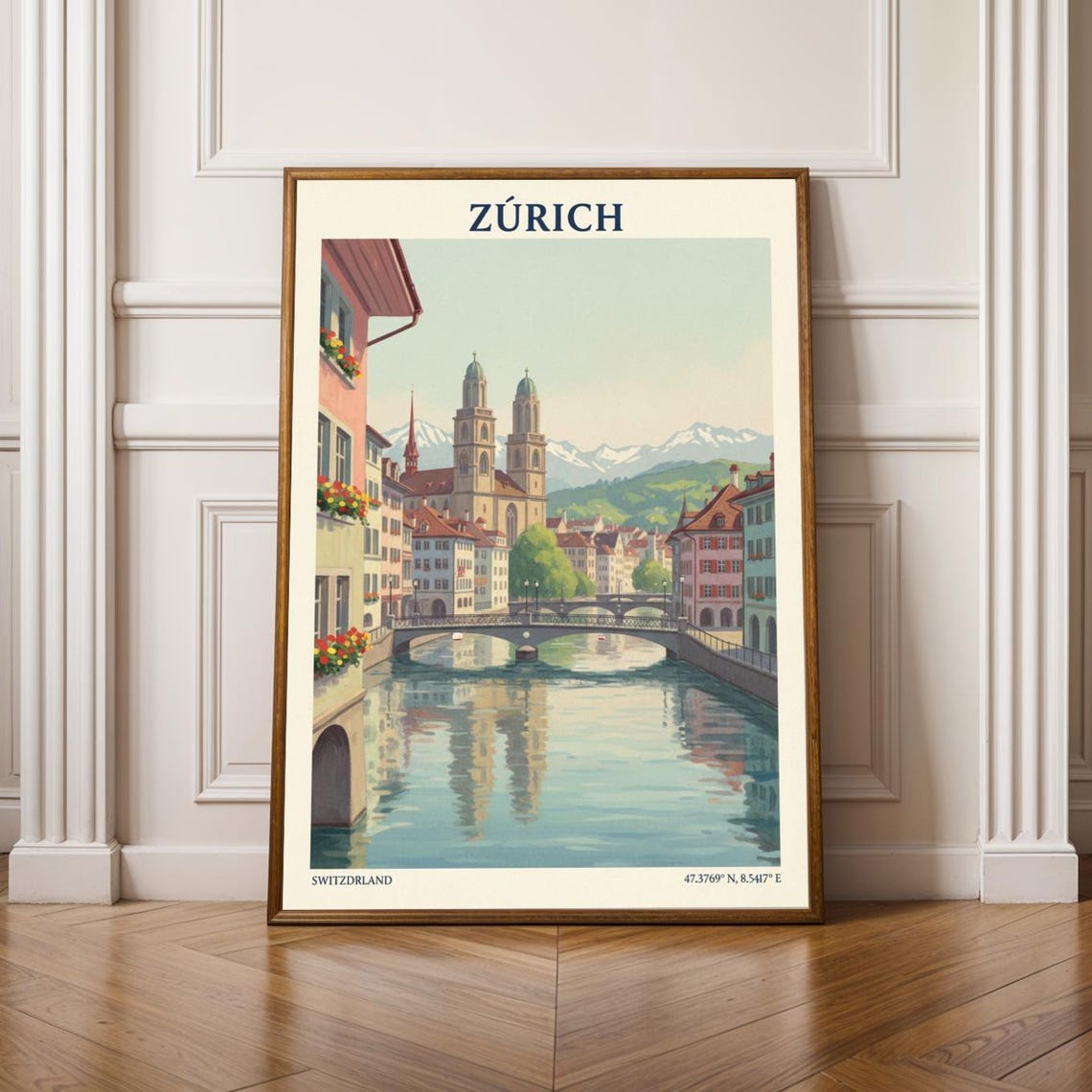 Zurich Vintage Travel Poster Limmat River Switzerland Skyline