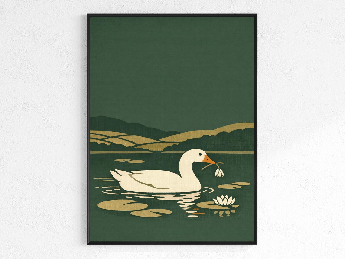 White Duck On Lily Pad Pond Vintage Green Minimalist Waterfowl Wall Poster