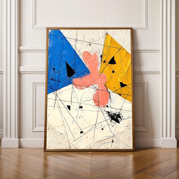 Bold Blue Yellow Coral Abstract Poster Textured Modern Impasto Painting