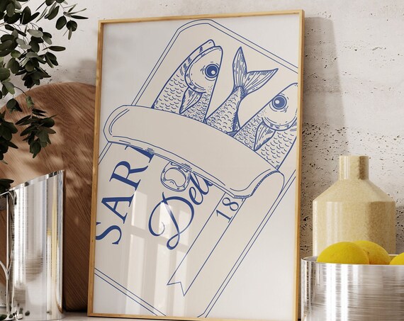 Sardines Big Blue Wall Art Aesthetic Kitchen Print Maximalist Food Print Retro Food Cute Kitchen Wall Art