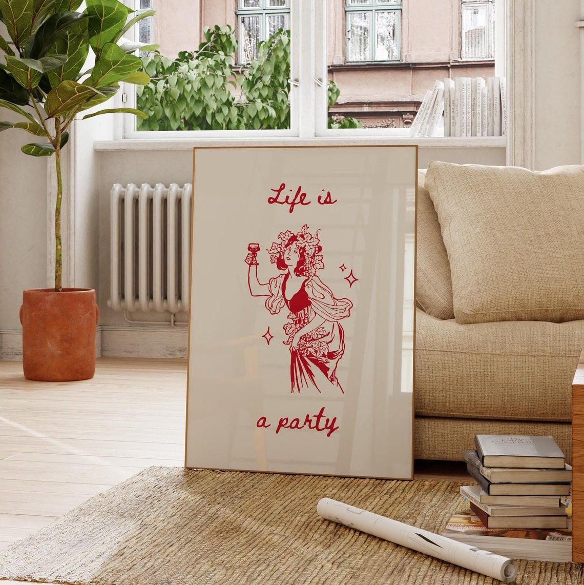 Life Is A Party Red Vintage Wine Lady Illustration Bar Poster