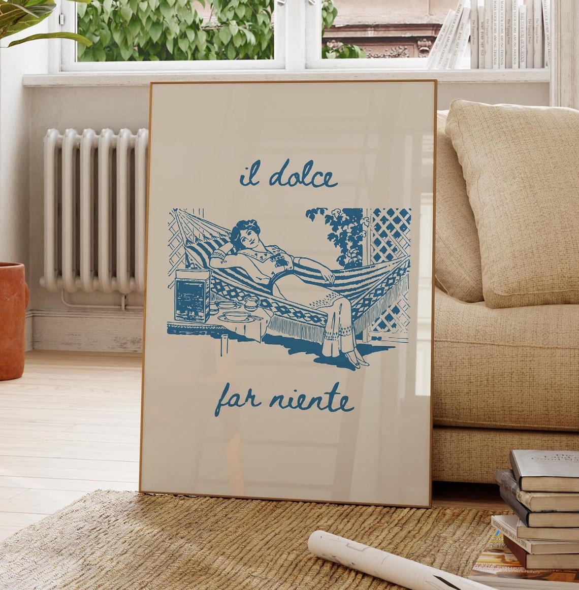Il Dolce Far Niente Retro Hammock Relaxation Blue Ink Poster - Image 3