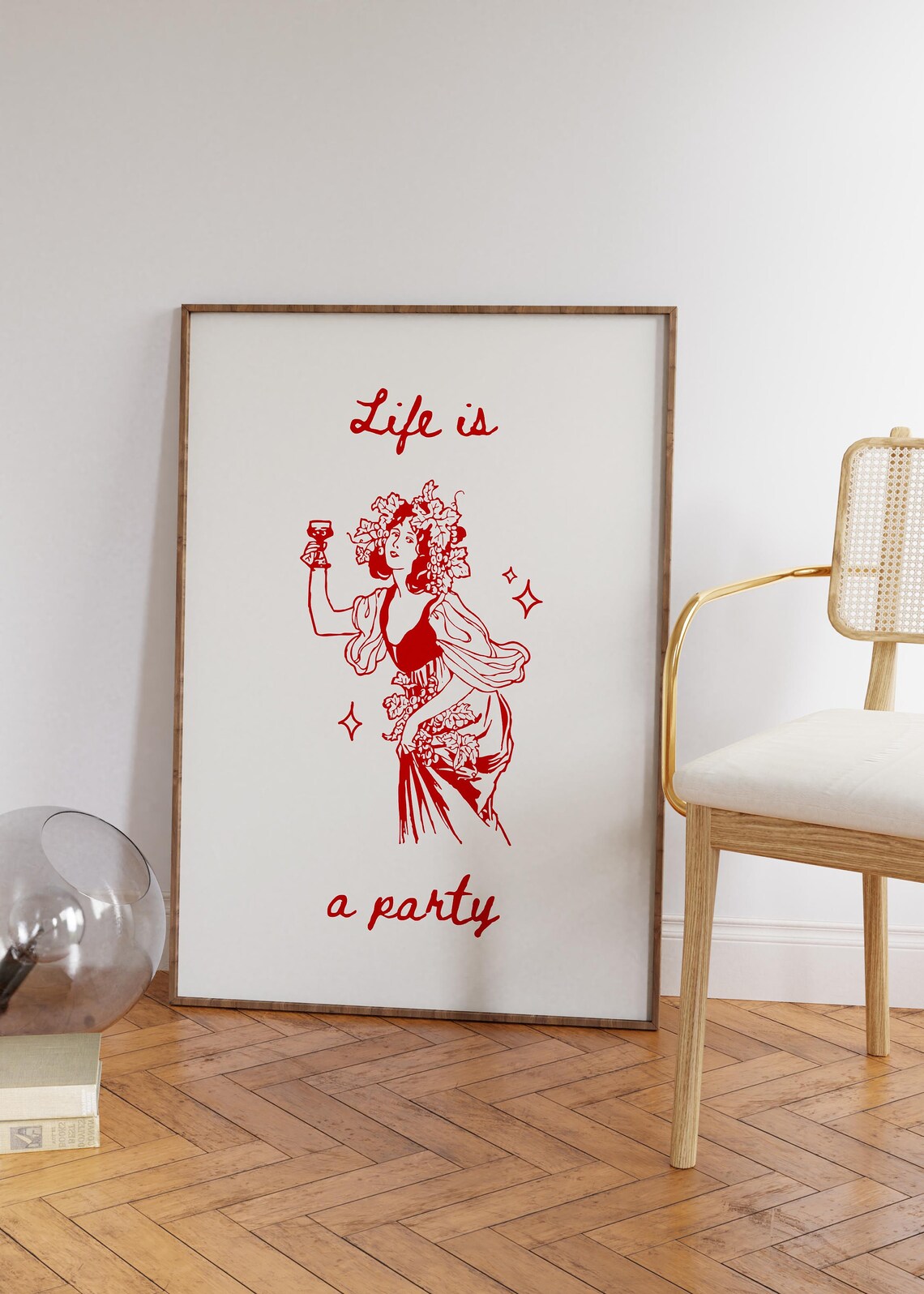 Life Is A Party Red Vintage Wine Lady Illustration Bar Poster - Image 2