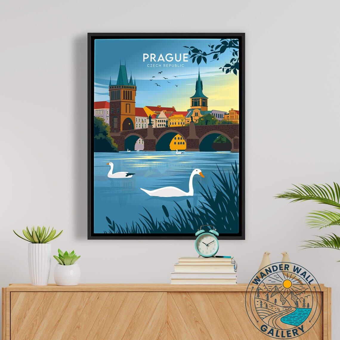 Prague Charles Bridge Swans Sunset Czech Republic Retro Travel Poster - Image 5