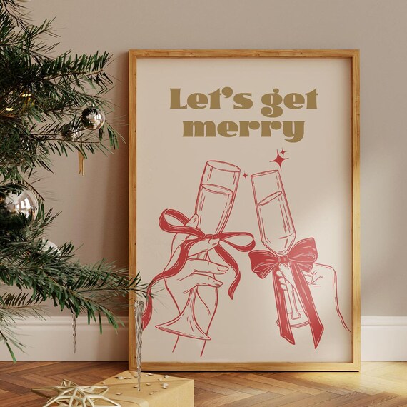 Lets Get Merry Gold Retro Champagne Flutes Red Bow Christmas Party Poster