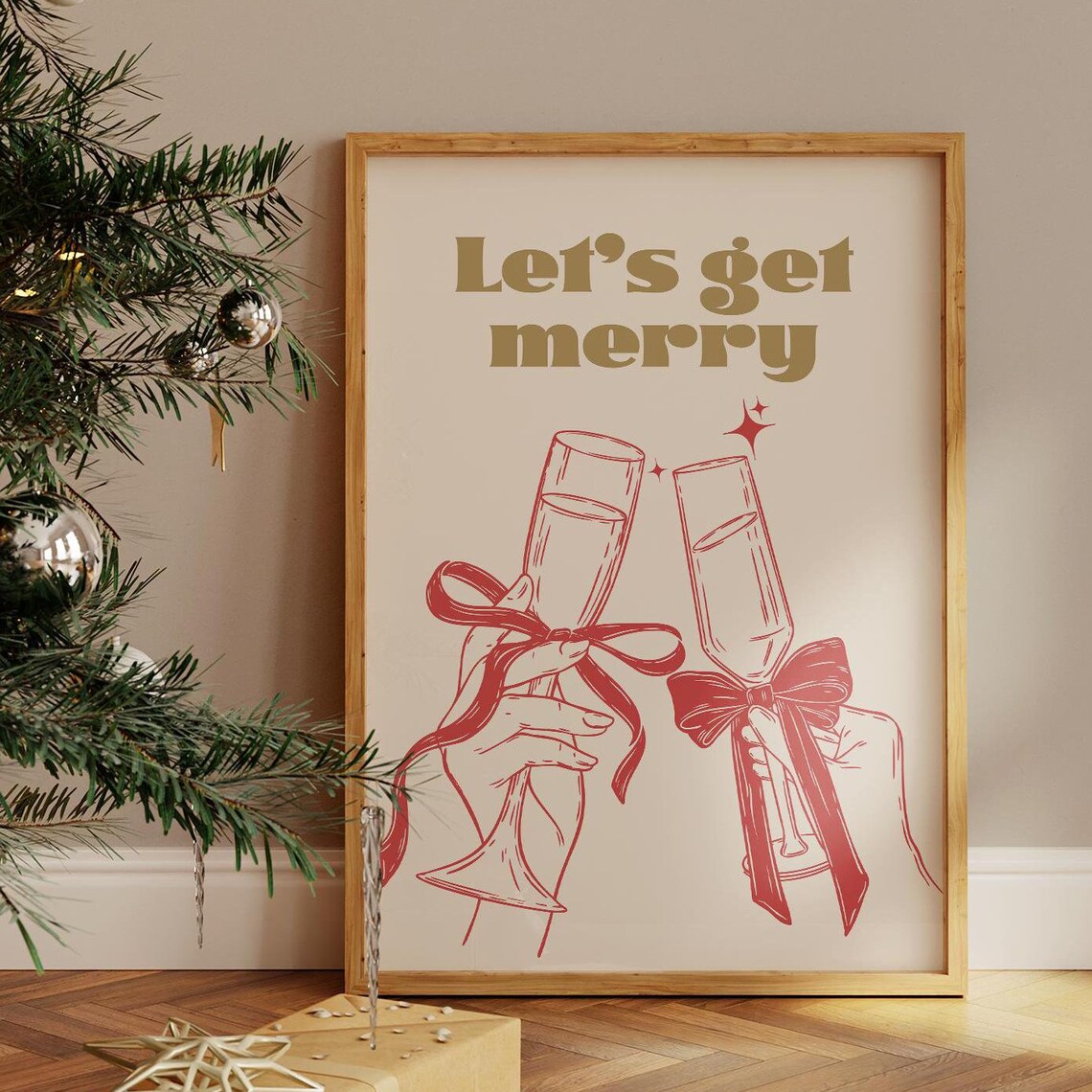 Lets Get Merry Gold Retro Champagne Flutes Red Bow Christmas Party Poster