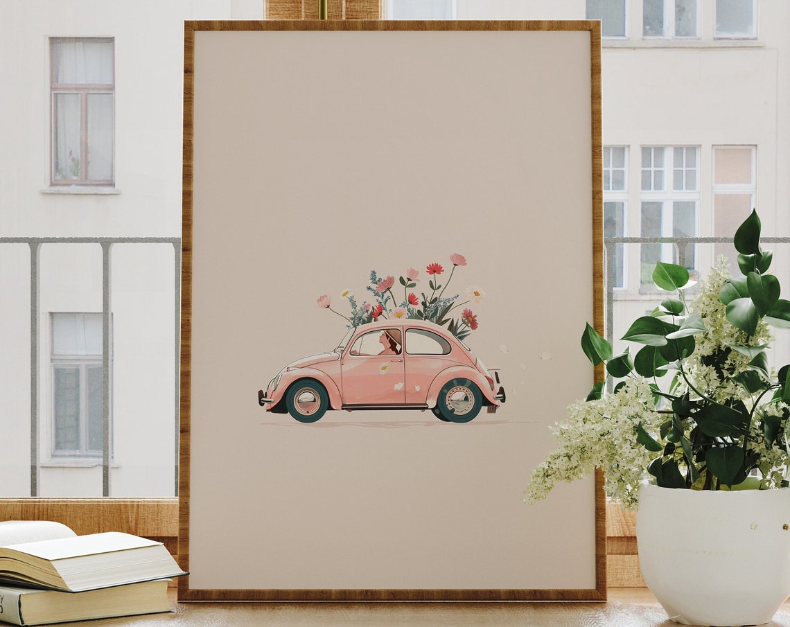 Pink Beetle With Flowers Minimalist Retro Car Girls Room Poster
