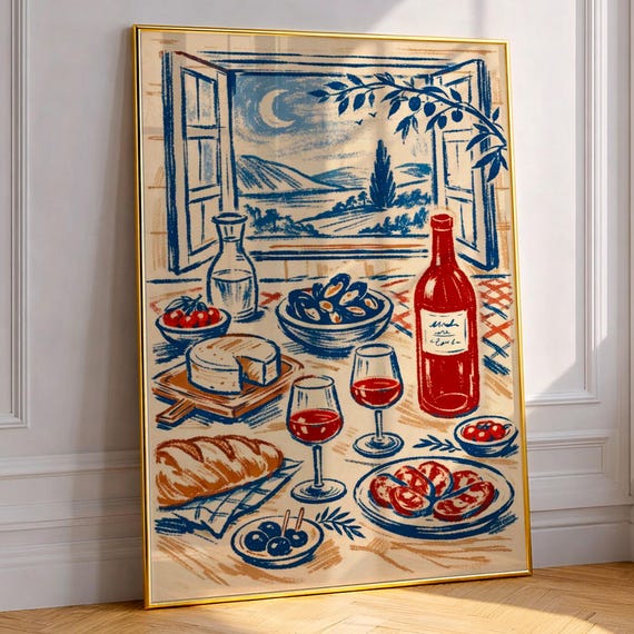 Mediterranean Kitchen Wall Art Print With Wine And Cheese Italian Food Illustration Tuscan Style Decor Gift