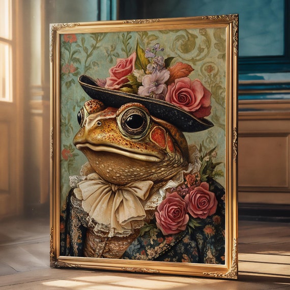 Victorian Toad Poster Print Funny Vintage Flowers Floral Wildflower Frog Toad Wearing Hat Wall Decor Gift Idea Matte Poster