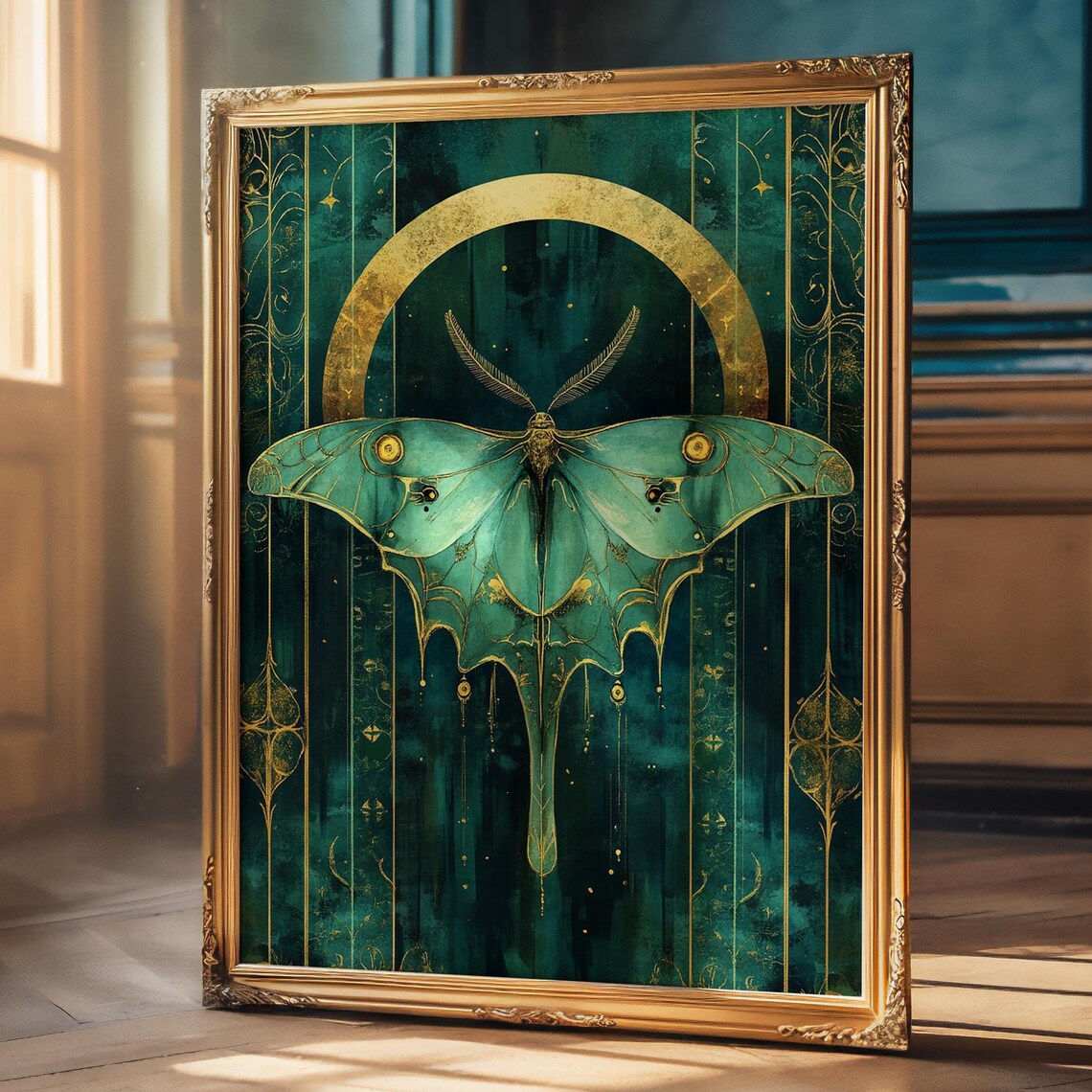 Luna Moth Art Print, Crescent Moon Occult Decor