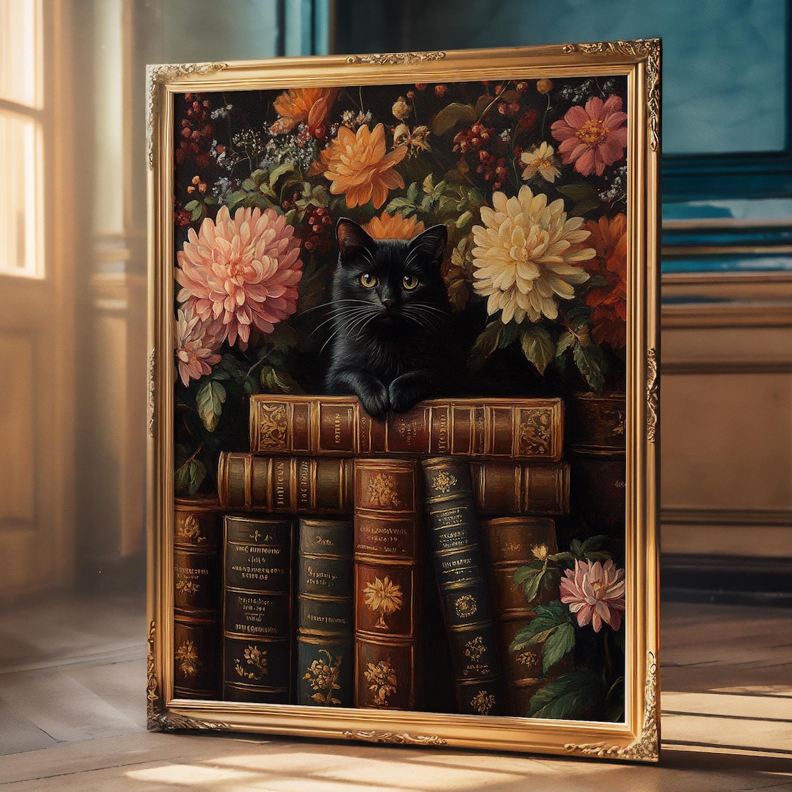 Cat Books Vintage Oil Painting, Dark Academia Art Print - Image 2