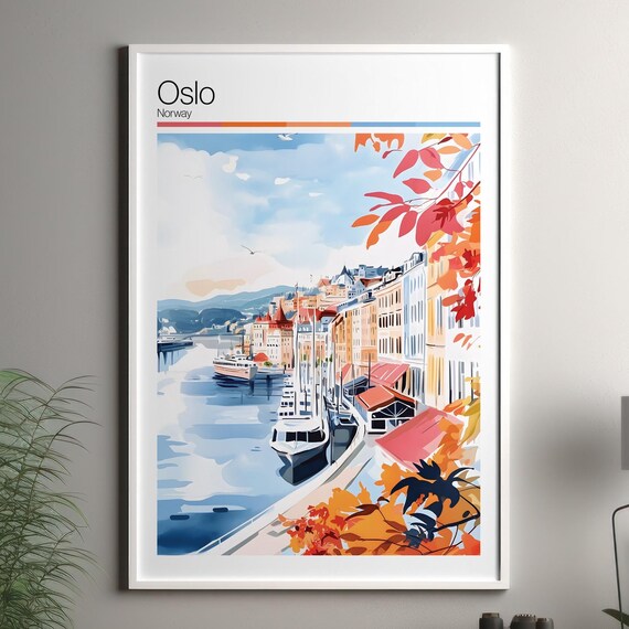 Oslo Norway Autumn Harbor Watercolor Sailing Boats Travel Poster