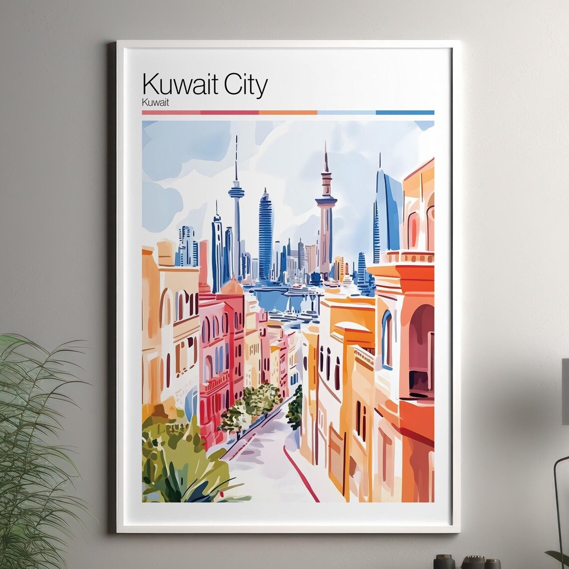 Kuwait City Kuwait Towers Skyline Travel Poster Colorful Watercolor