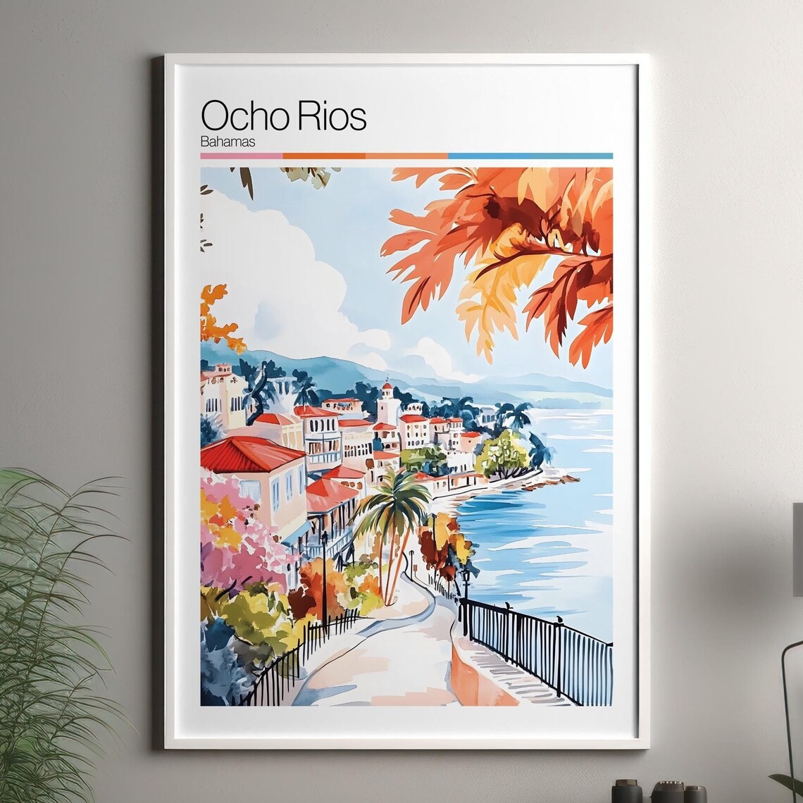 Ocho Rios Bahamas Coastal Walkway Palms Watercolor Travel Poster