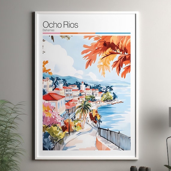 Ocho Rios Bahamas Coastal Walkway Palms Watercolor Travel Poster