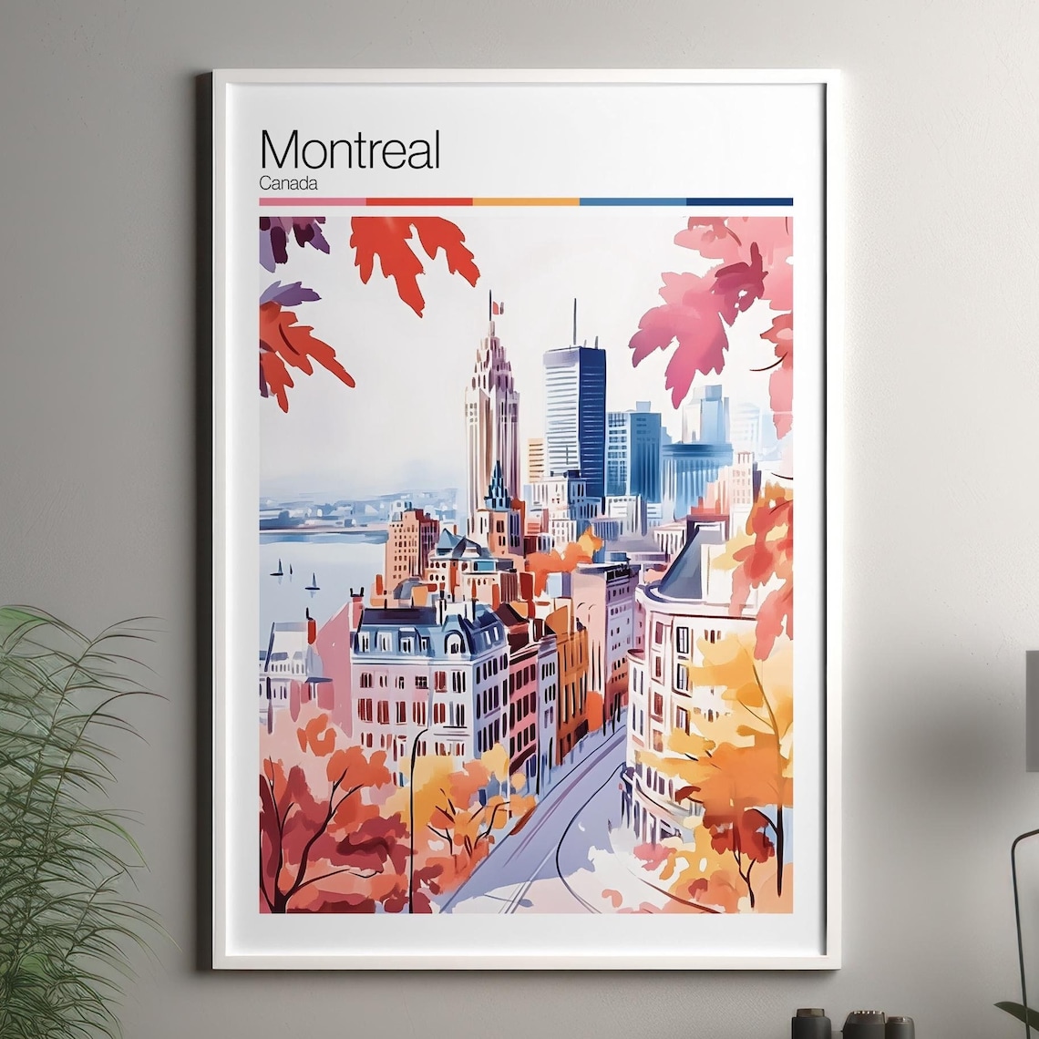 Montreal Canada Autumn Leaves Skyline Watercolor Travel Poster
