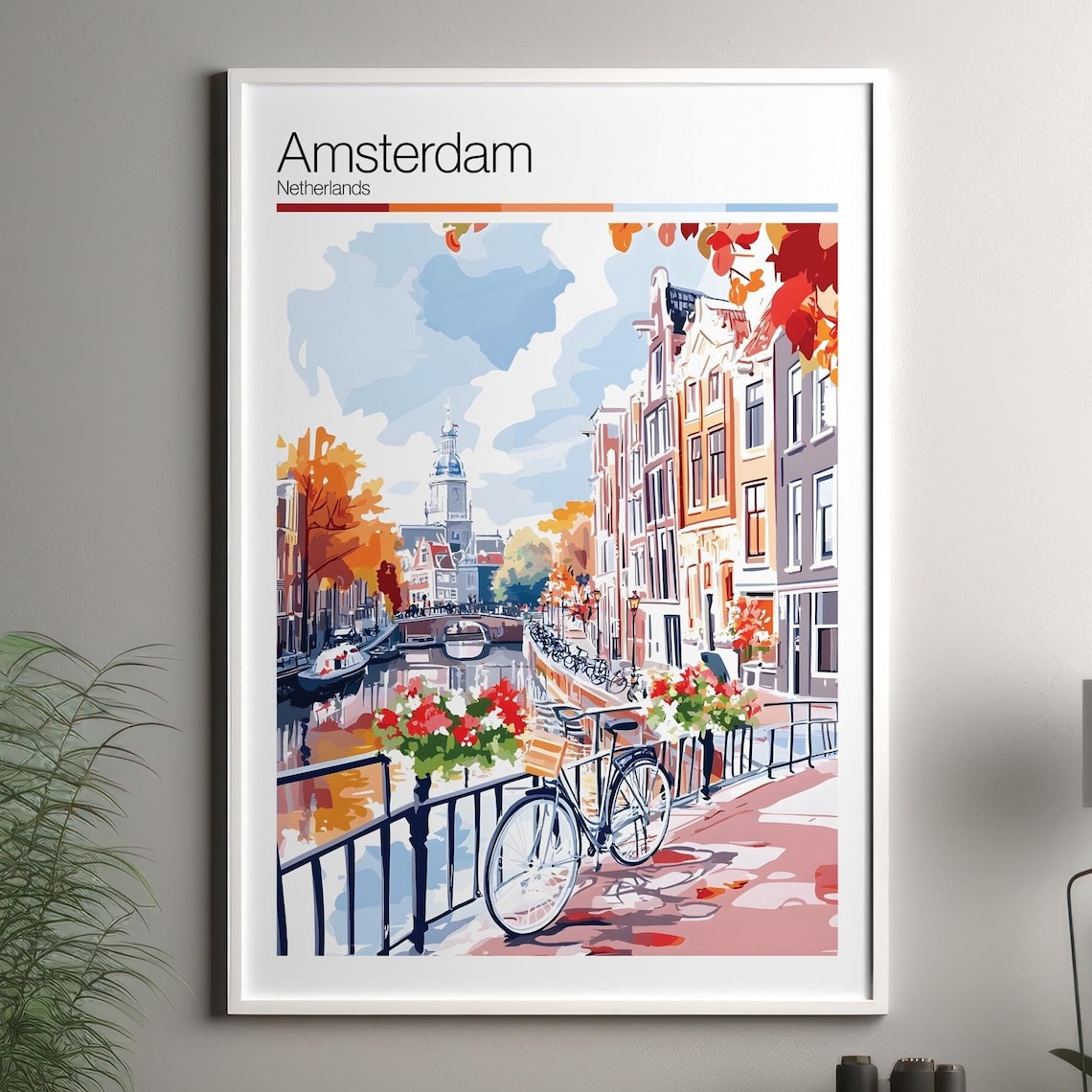 Amsterdam Netherlands Canal Bicycle Flowers Colorful Travel Poster