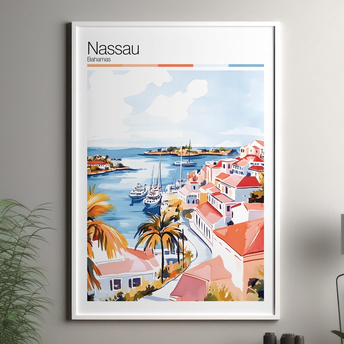 Sunny Nassau Bahamas Harbor Boats Turquoise Bay Travel Art Poster