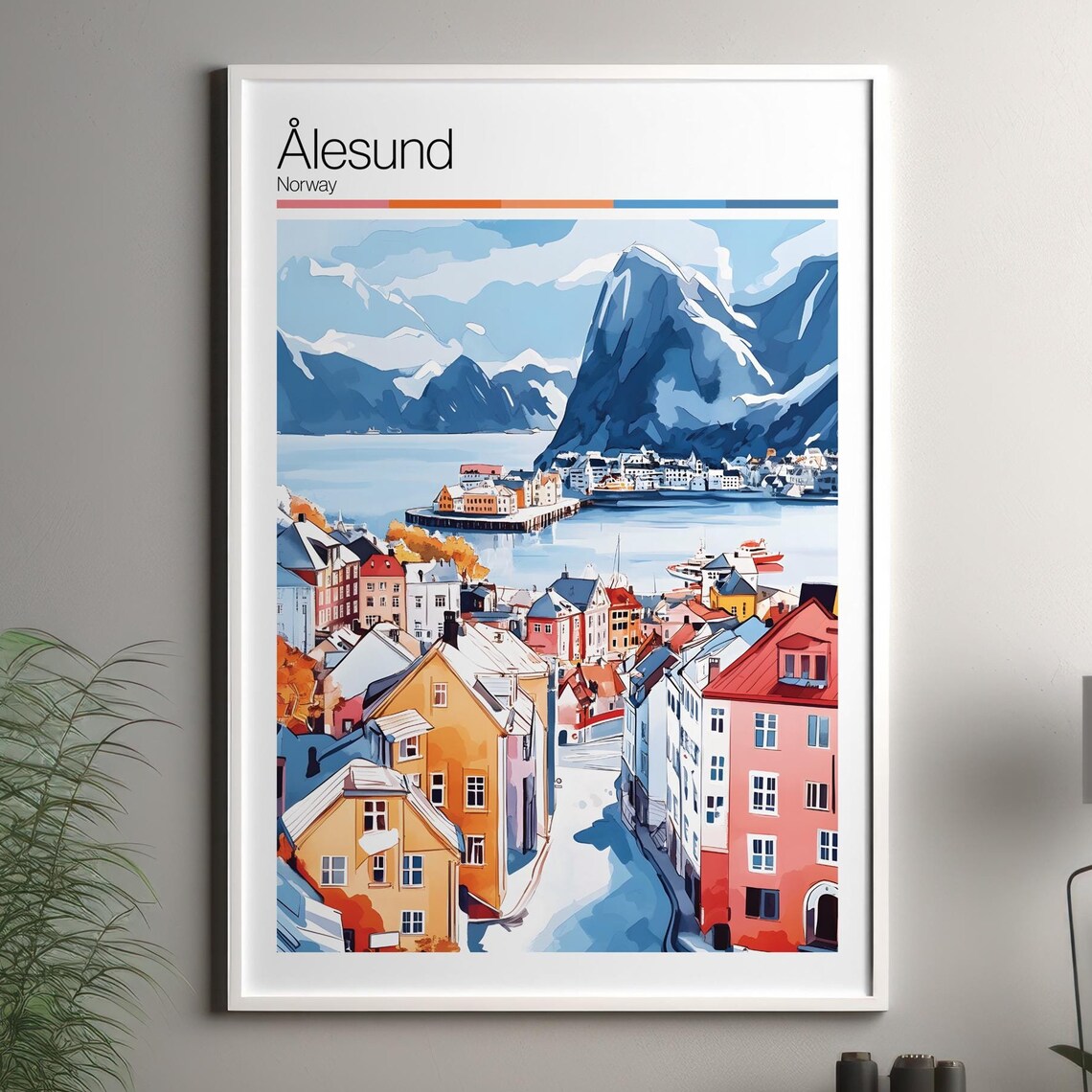 Alesund Norway Island Harbor Snowy Mountain Peaks Autumn Travel Poster