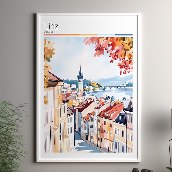 Linz Print Soft Colors Travel Poster Colourful Wall Art Austria City Decor For