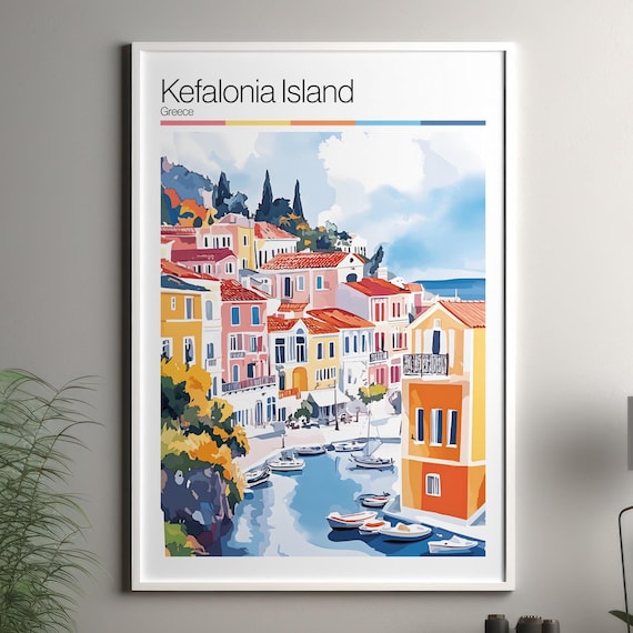 Kefalonia Island Greece Colorful Harbor Village Art Travel Poster