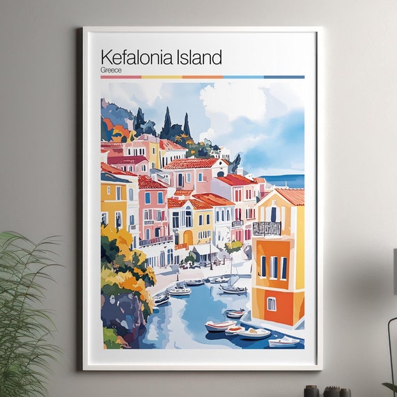 Kefalonia Island Soft Colors Travel Poster Print Colourful Wall Art Greece City Decor