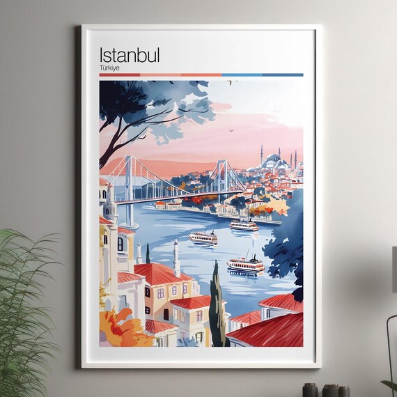Istanbul Turkiye Bosphorus Bridge Sunset Ferries Travel Poster Art