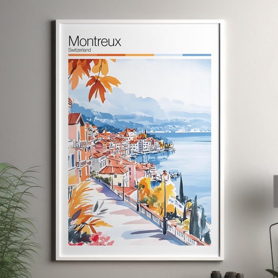 Montreux Print Soft Colors Travel Poster Colourful Wall Art Switzerland City Decor For