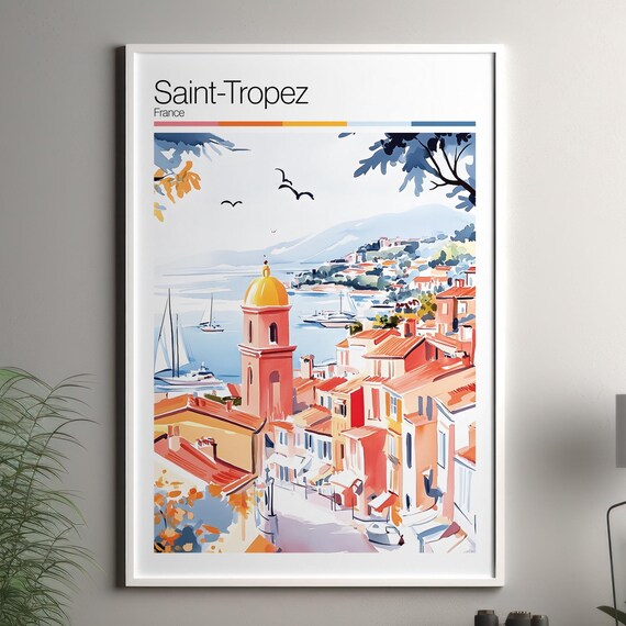 Saint-Tropez France Travel Poster Watercolor Harbor Bell Tower Scene