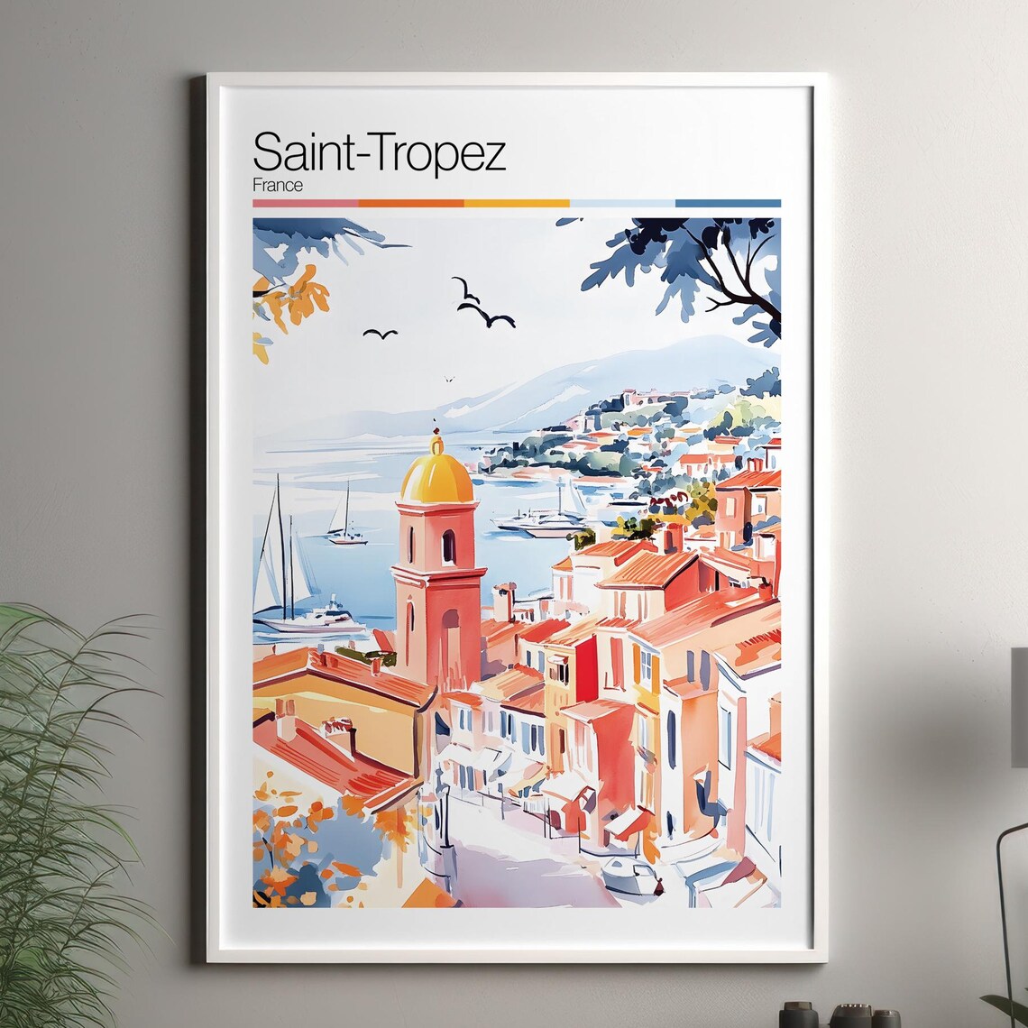 Saint-Tropez France Travel Poster Watercolor Harbor Bell Tower Scene