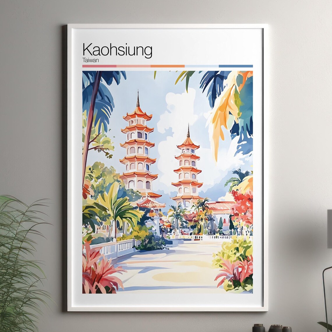 Kaohsiung Taiwan Twin Pagodas Tropical Garden Travel Poster Watercolor