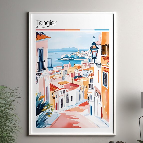 Tangier Morocco Watercolor Travel Poster Harbor Medina Old Town Street Scene