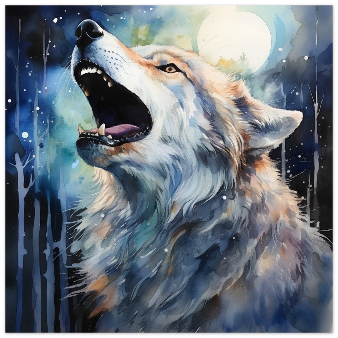 Howling Wolf Watercolour Painting Moonlit Night Forest Art Poster