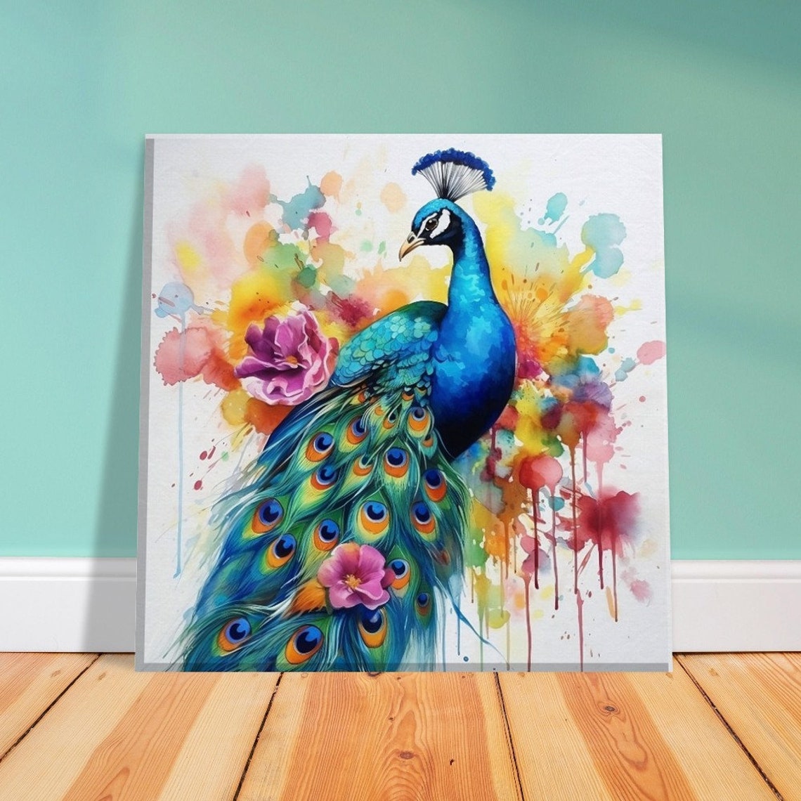Peacock Watercolour Painting Colourful Feathers Floral Splash Poster - Image 2