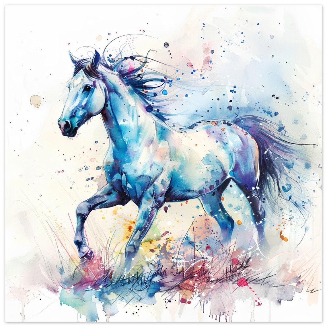 Spirited White Horse Galloping Watercolour Dynamic Equine Art Poster