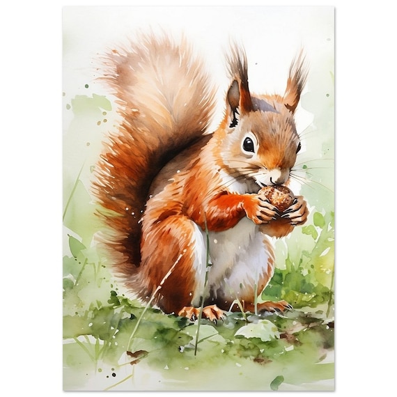 Sweet Red Squirrel Holding Nut Watercolour Woodland Animal Art Poster